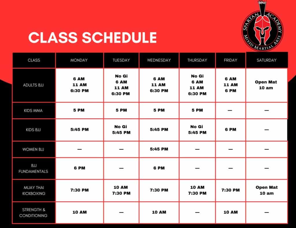 spartan academy bjj mma schedule